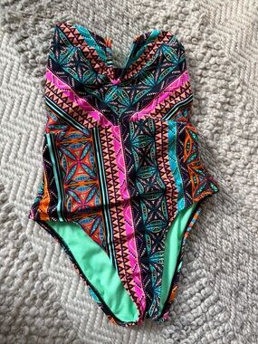 Hobie Multicolor Geometric One-Piece Swimsuit - Black, Pink, Teal, Orange small